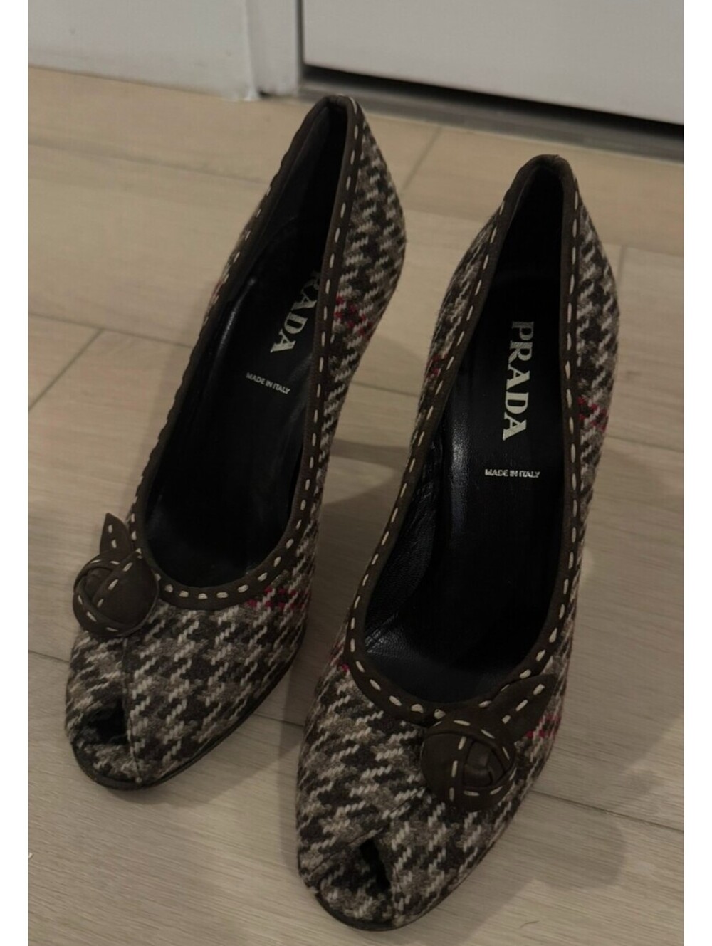 Prada Reposh Tweed Peep toe Pumps 35.5
